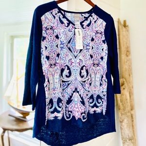 NWT Chico’s Women’s Linen Shirt Top Blouse Medium 8-10 Chicos Sz. 1 Navy Paisley